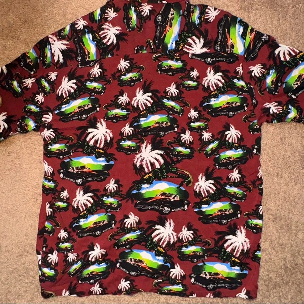 Puritan Hawaiian Shirt Mens Large Red Tropical Cars Palm Tree Button Up - Picture 6 of 6